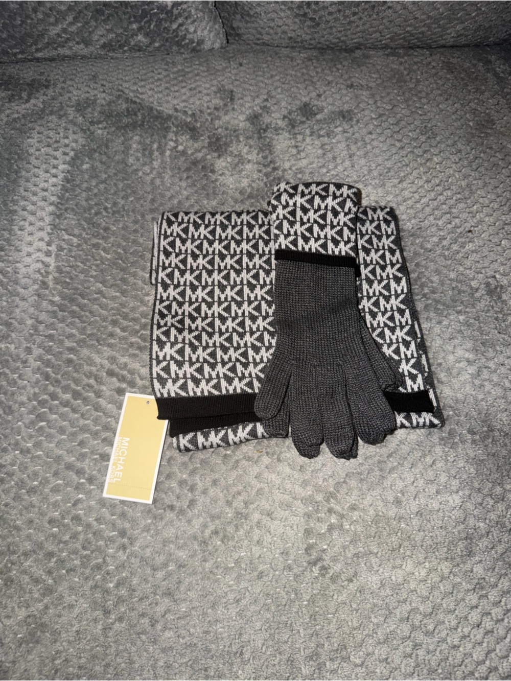 Michael Kors Black & White Logo Knit Gloves with Matching Scarf